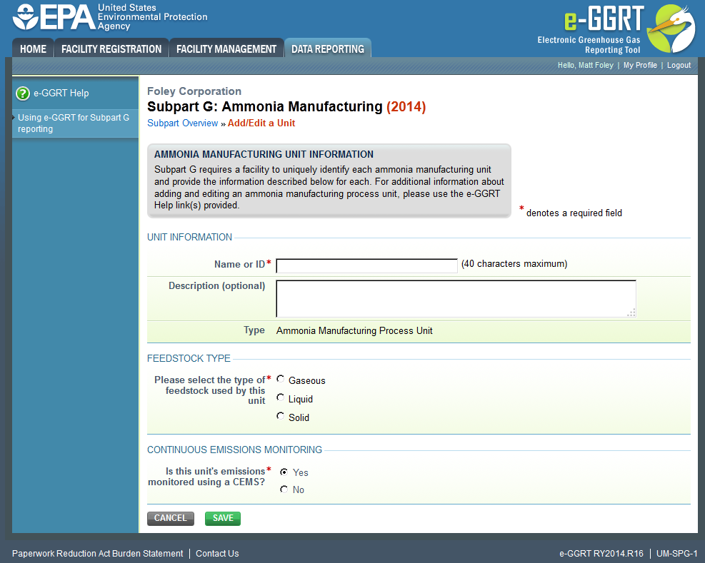 Subpart G: Step 3 - Enter required information and click the SAVE button